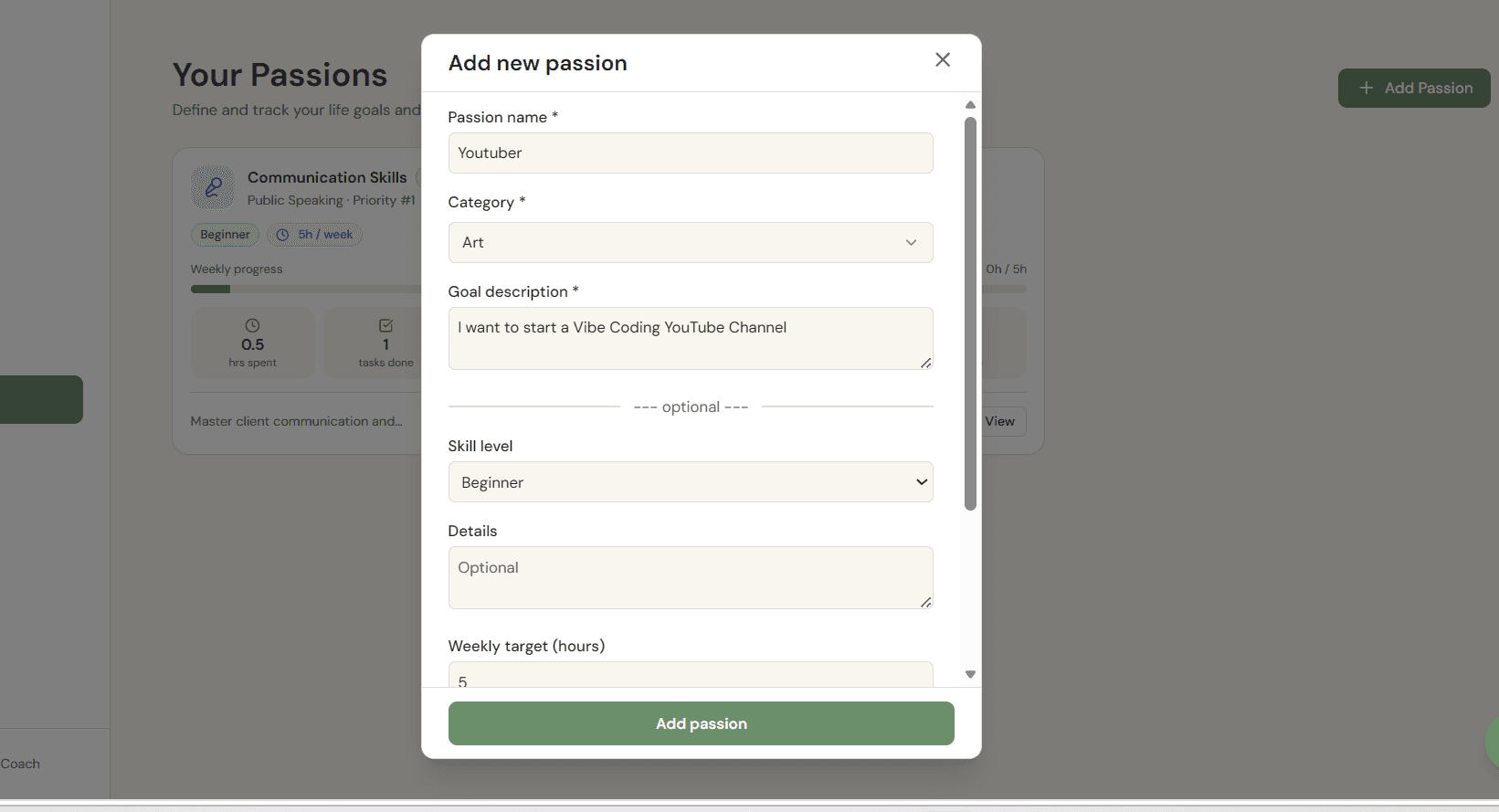 Define Your Passions — Coach AI step 1
